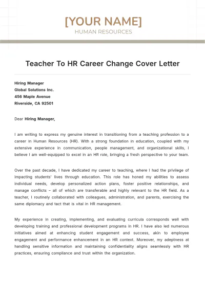 Free Teacher To HR Career Change Cover Letter to Edit Online