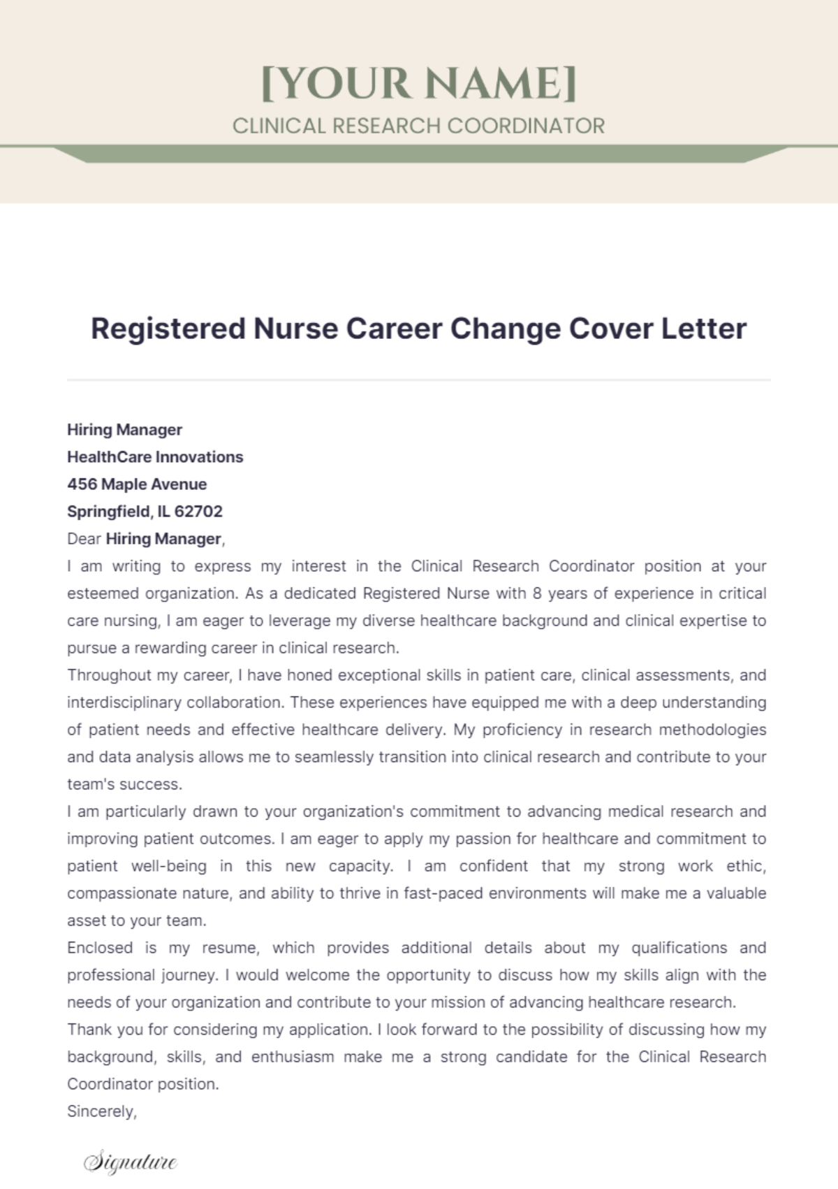 Registered Nurse Career Change Cover Letter - Edit Online & Download