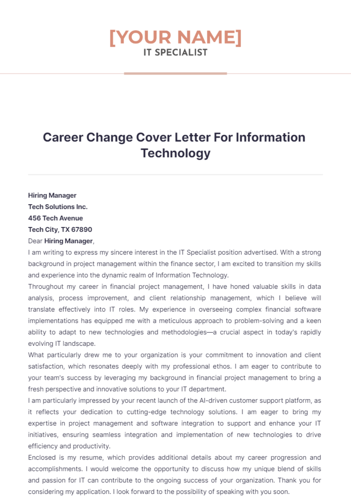 Career Change Cover Letter For Information Technology - Edit Online & Download