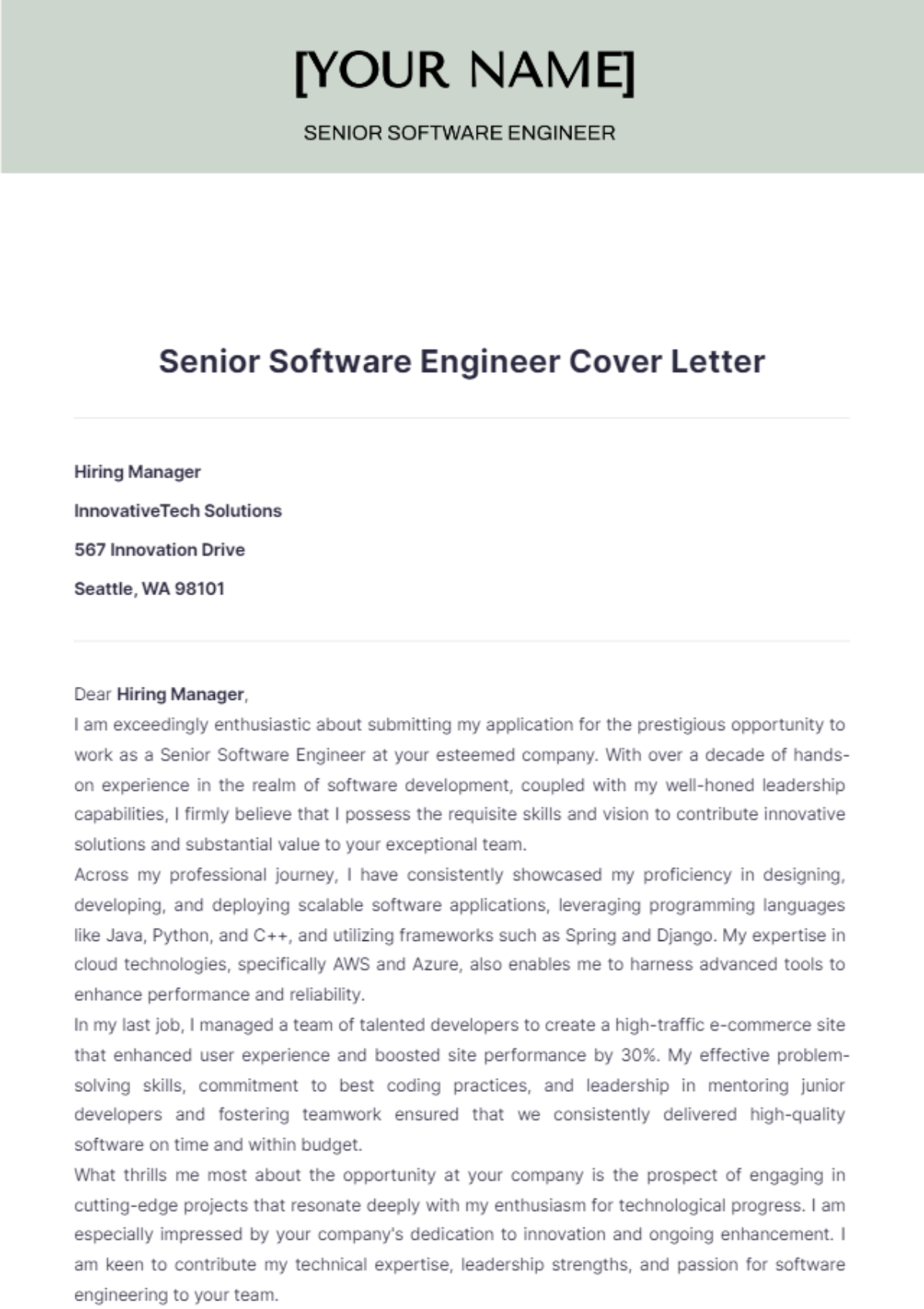 Senior Software Engineer Cover Letter - Edit Online & Download