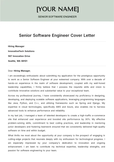 Free Senior Software Engineer Cover Letter to Edit Online