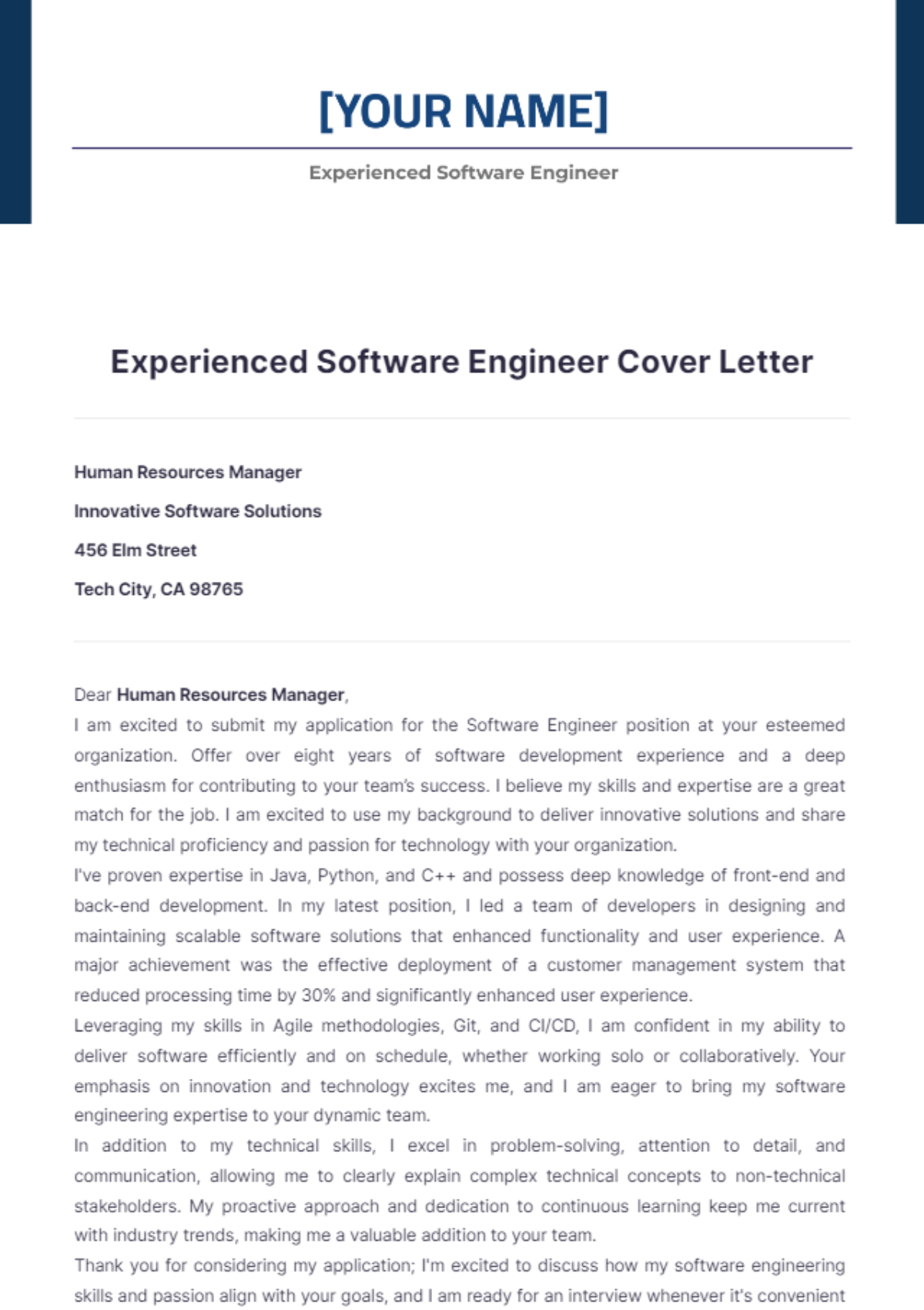 Experienced Software Engineer Cover Letter - Edit Online & Download