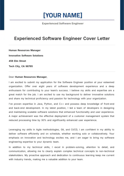 Free Experienced Software Engineer Cover Letter to Edit Online