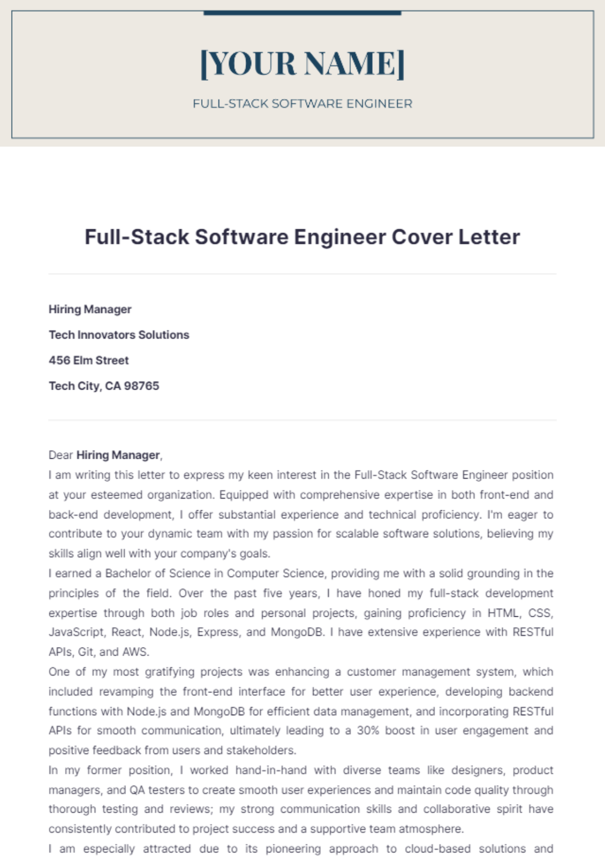 Full-Stack Software Engineer Cover Letter - Edit Online & Download