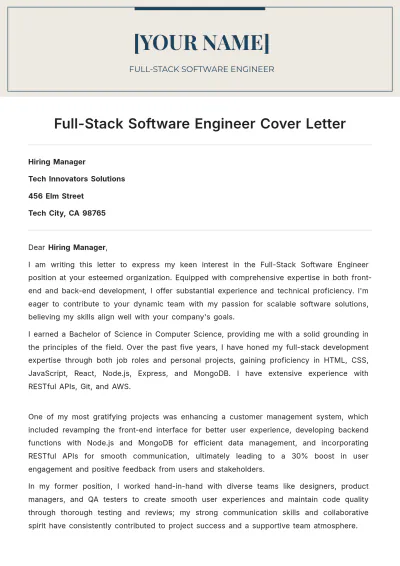 Free Full-Stack Software Engineer Cover Letter to Edit Online
