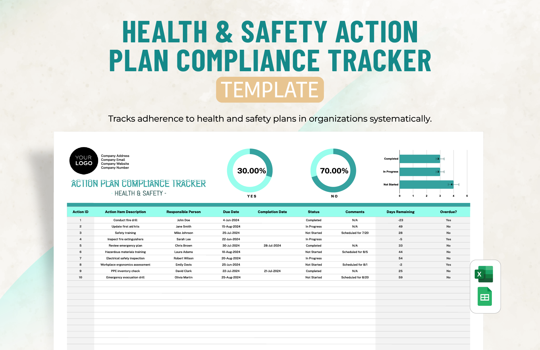 Health & Safety Action Plan Compliance Tracker Template in Excel, Google Sheets