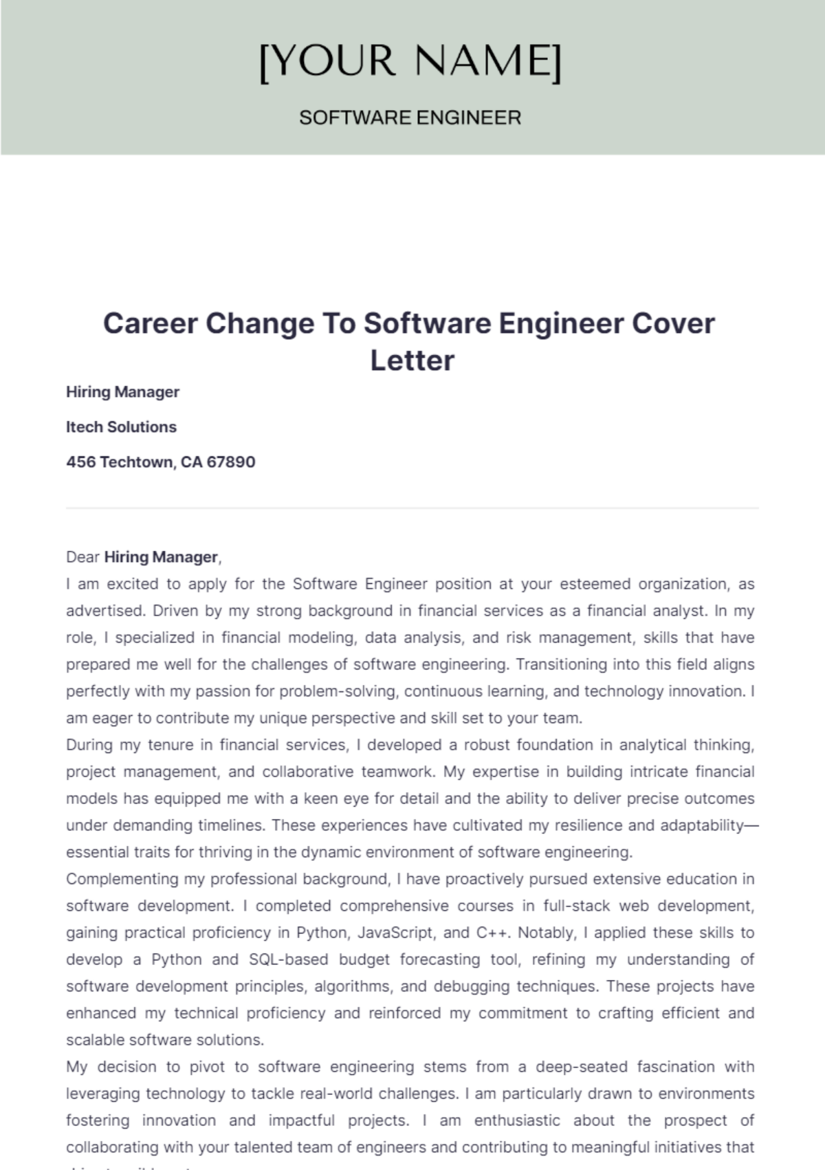 Career Change To Software Engineer Cover Letter - Edit Online & Download