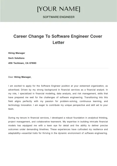 Free Career Change To Software Engineer Cover Letter to Edit Online
