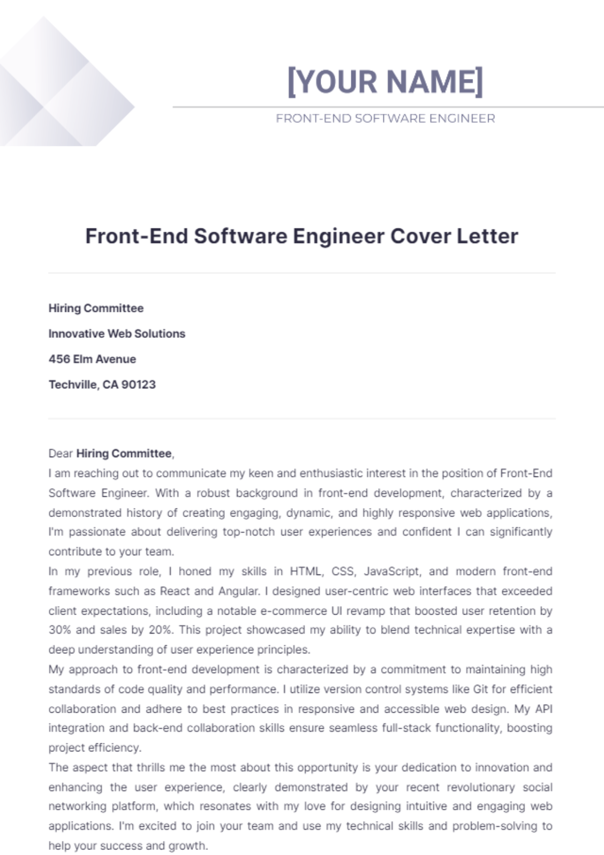 Front-End Software Engineer Cover Letter