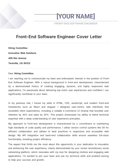 Free Front-End Software Engineer Cover Letter to Edit Online