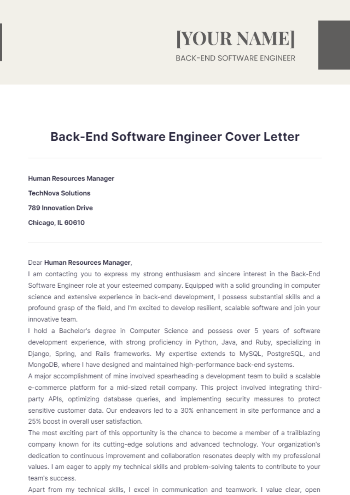 Back-End Software Engineer Cover Letter - Edit Online & Download