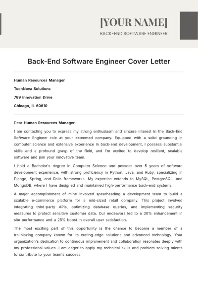 Free Back-End Software Engineer Cover Letter to Edit Online