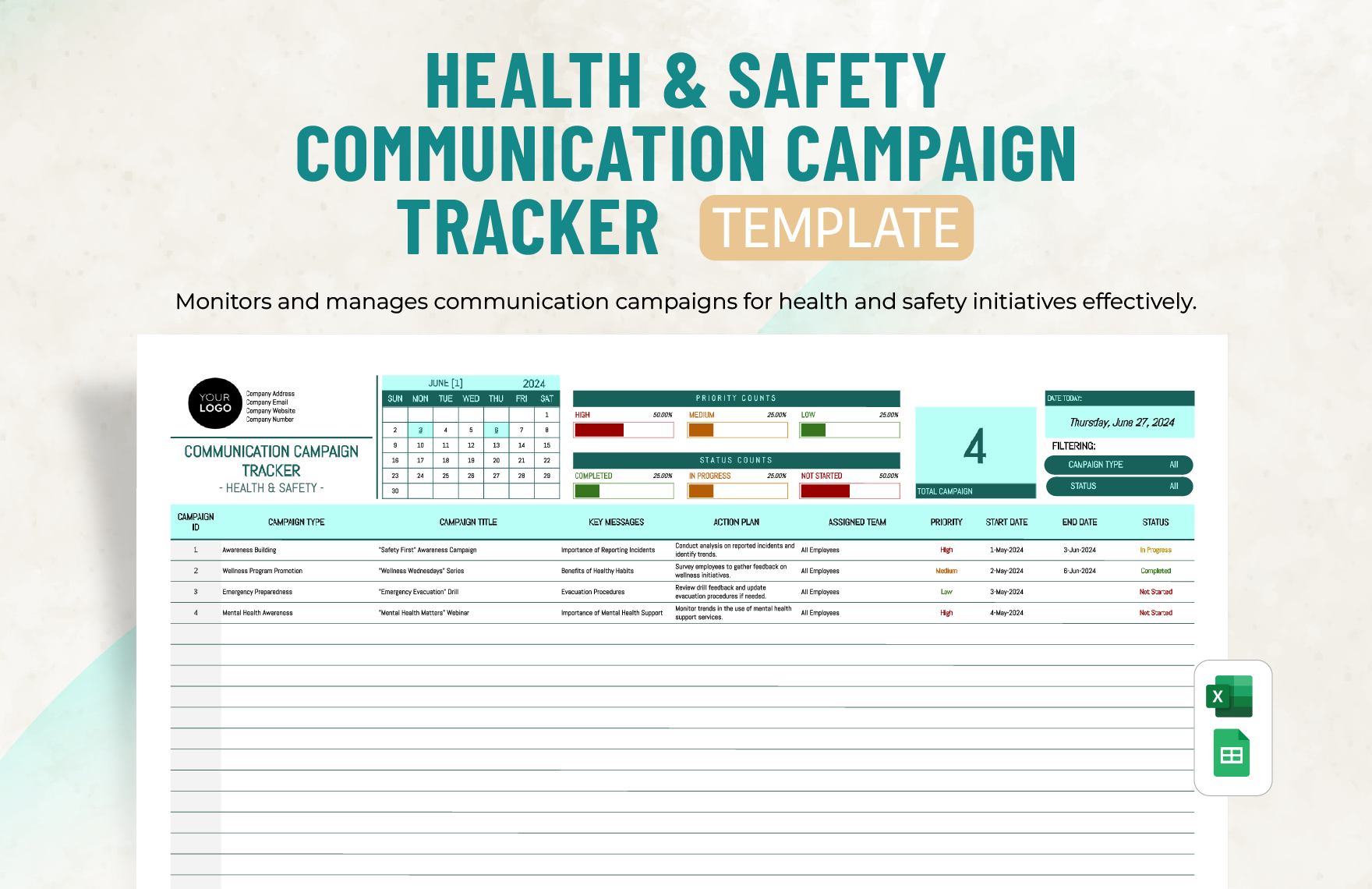 Health & Safety Communication Campaign Tracker Template in Excel, Google Sheets