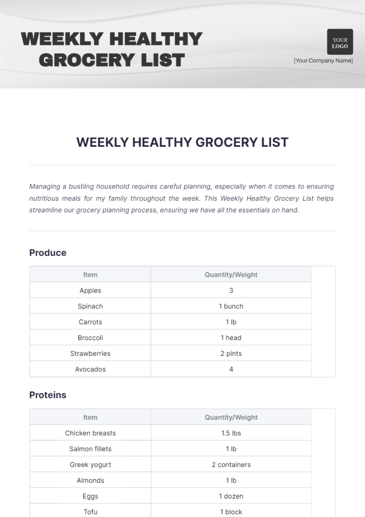 Weekly Healthy Grocery List Template - Edit Online & Download