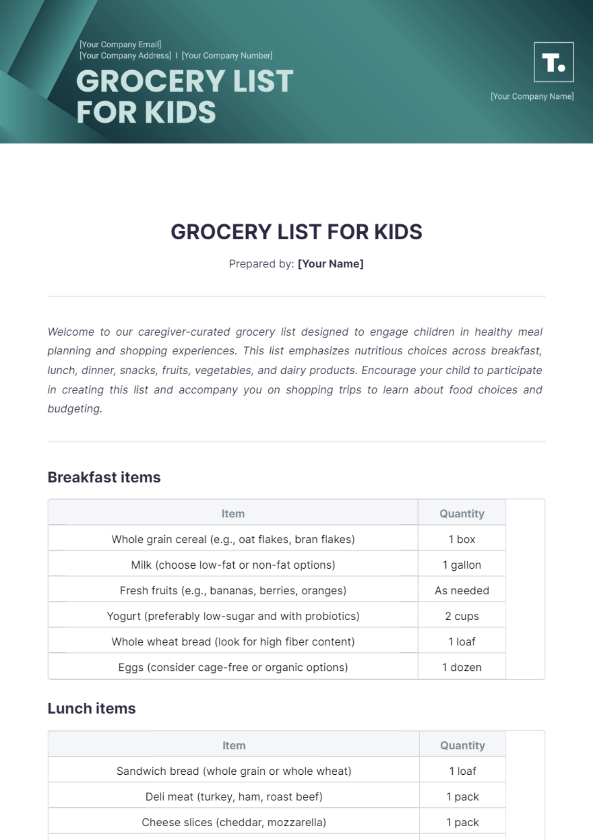 Grocery List for Kids Template - Edit Online & Download