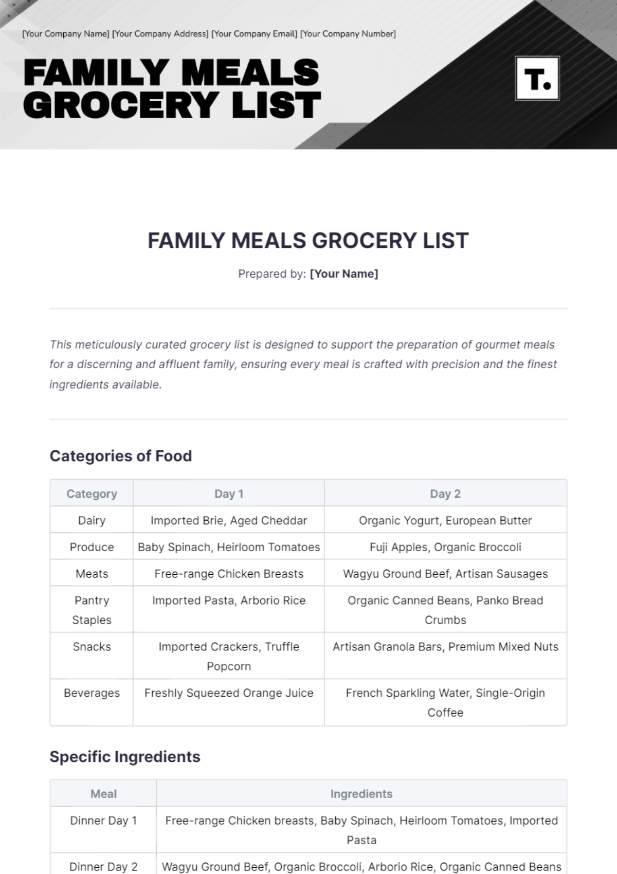 Family Meals Grocery List Template - Edit Online & Download