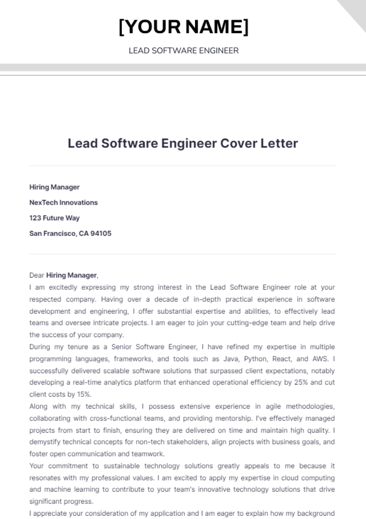 Lead Software Engineer Cover Letter - Edit Online & Download