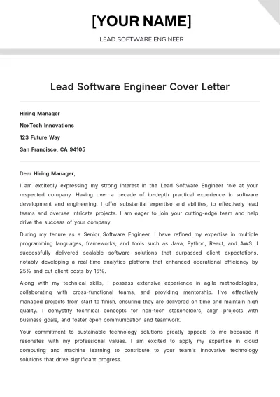 Free Lead Software Engineer Cover Letter to Edit Online