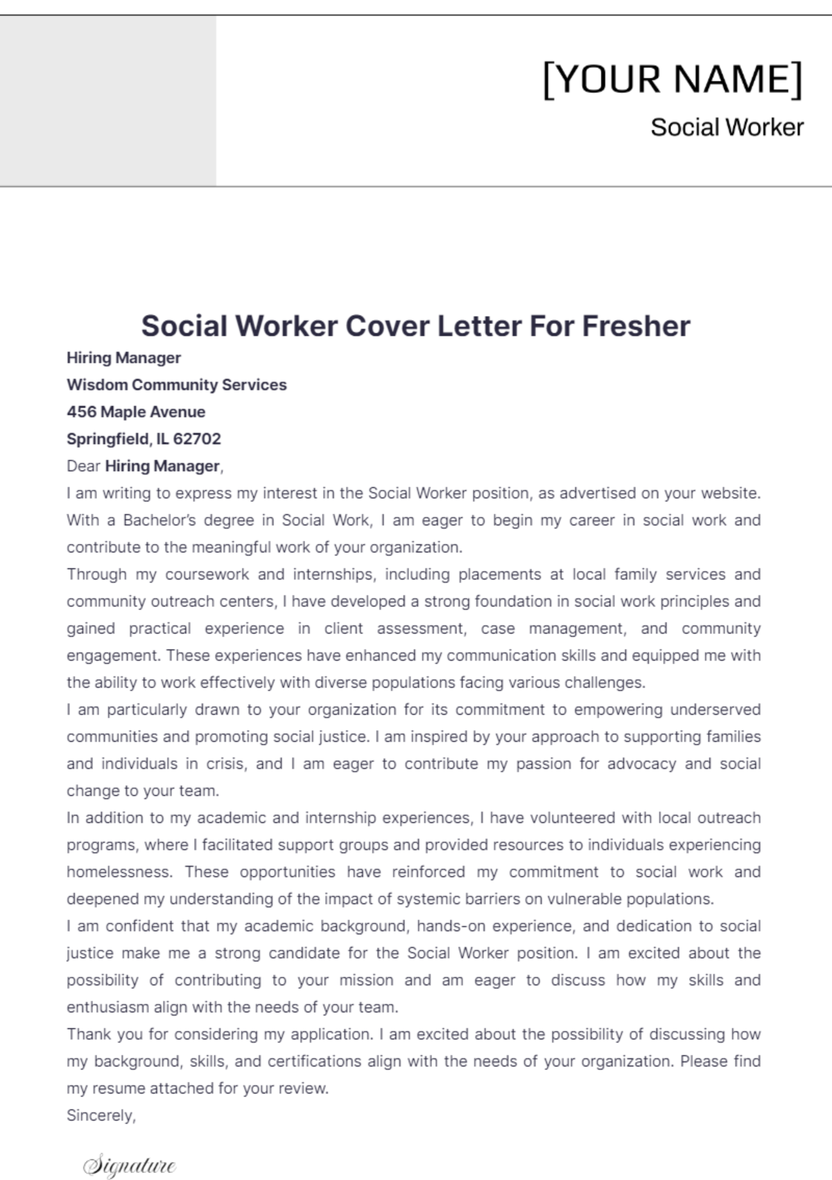 Social Worker Cover Letter For Fresher - Edit Online & Download