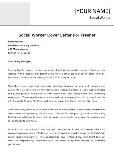 Free Social Worker Cover Letter For Fresher to Edit Online