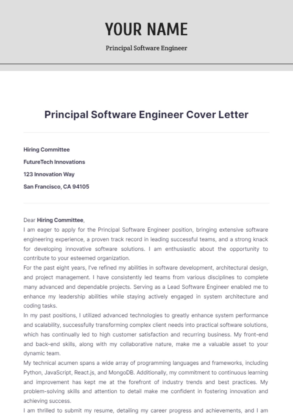 Principal Software Engineer Cover Letter - Edit Online & Download