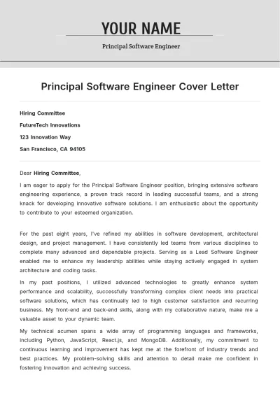 Free Principal Software Engineer Cover Letter to Edit Online