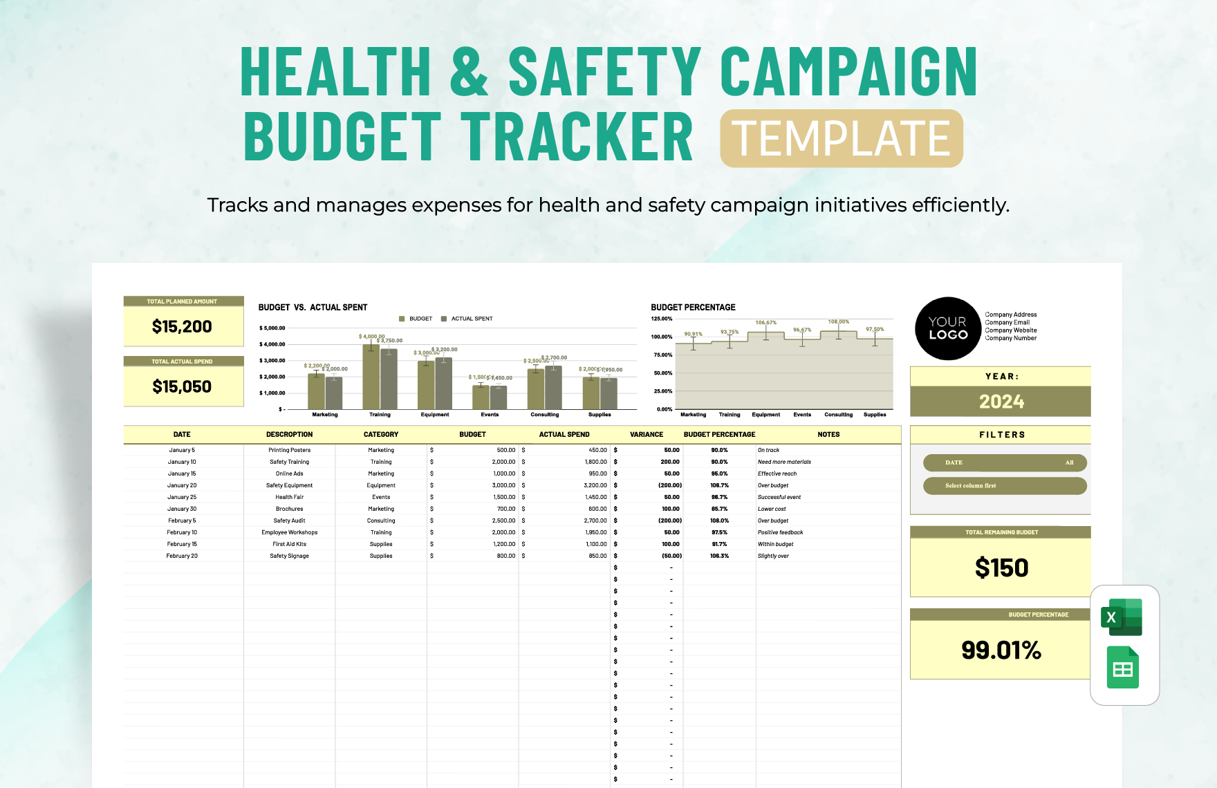 Health & Safety Campaign Budget Tracker Template in Excel, Google Sheets