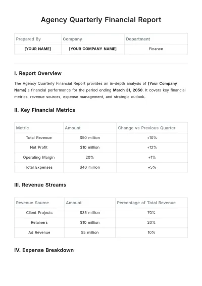 Free Agency Quarterly Financial Report Template to Edit Online