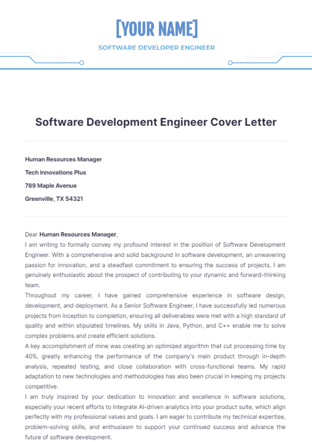 Software Development Engineer Cover Letter - Edit Online & Download