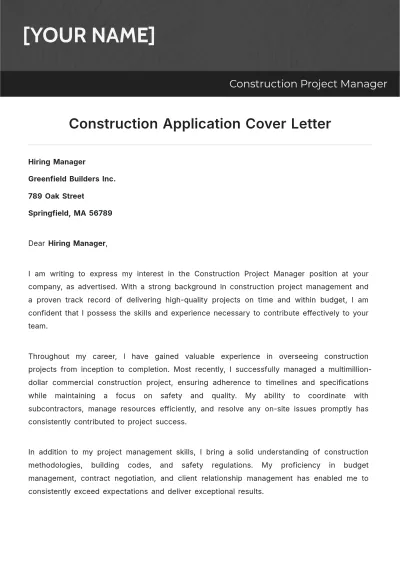 Free Construction Application Cover Letter to Edit Online