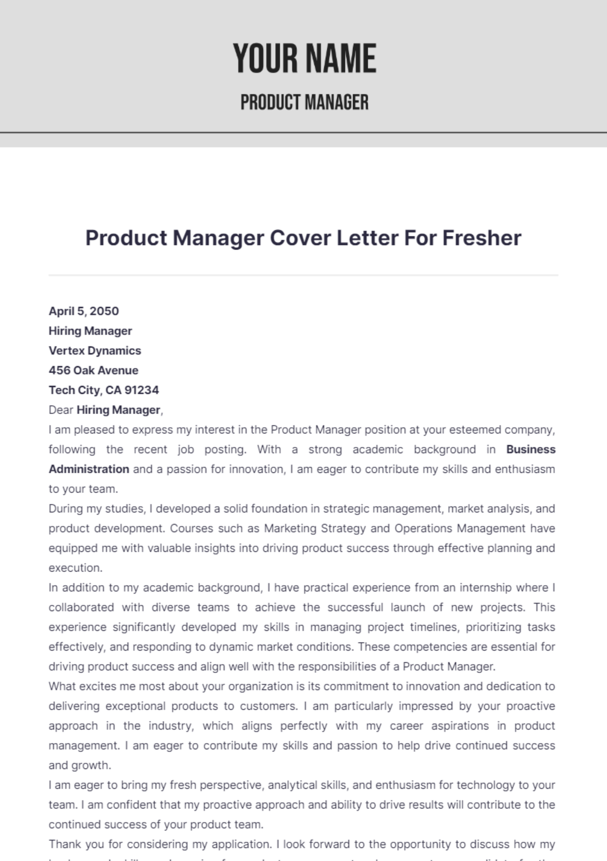 Product Manager Cover Letter For Fresher - Edit Online & Download