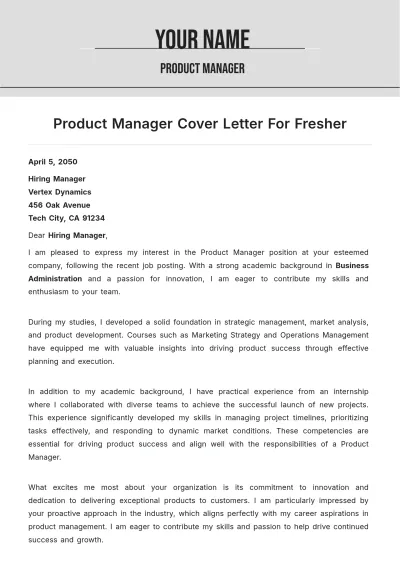 Free Product Manager Cover Letter For Fresher to Edit Online