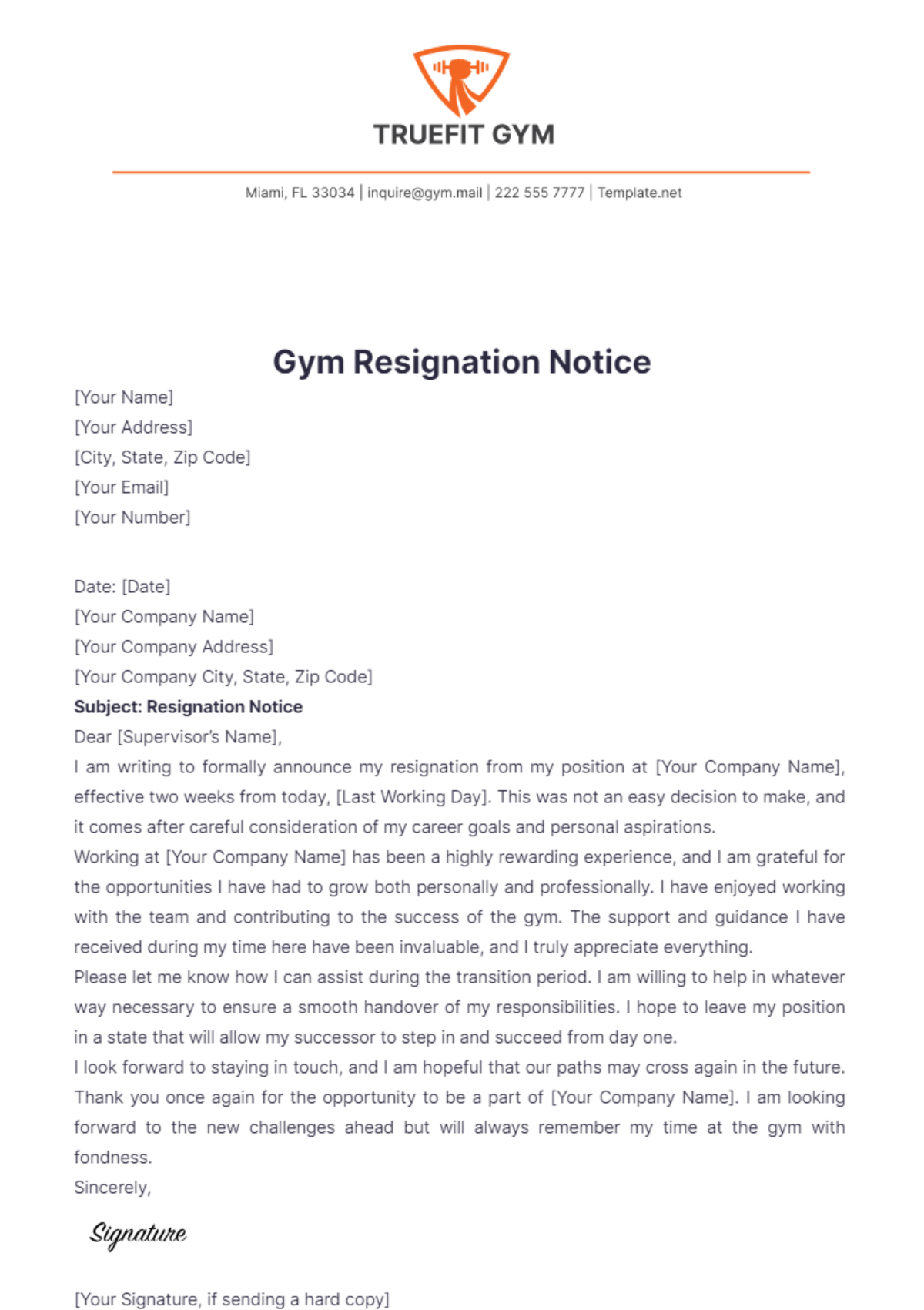 Gym Resignation Notice Template - Edit Online & Download