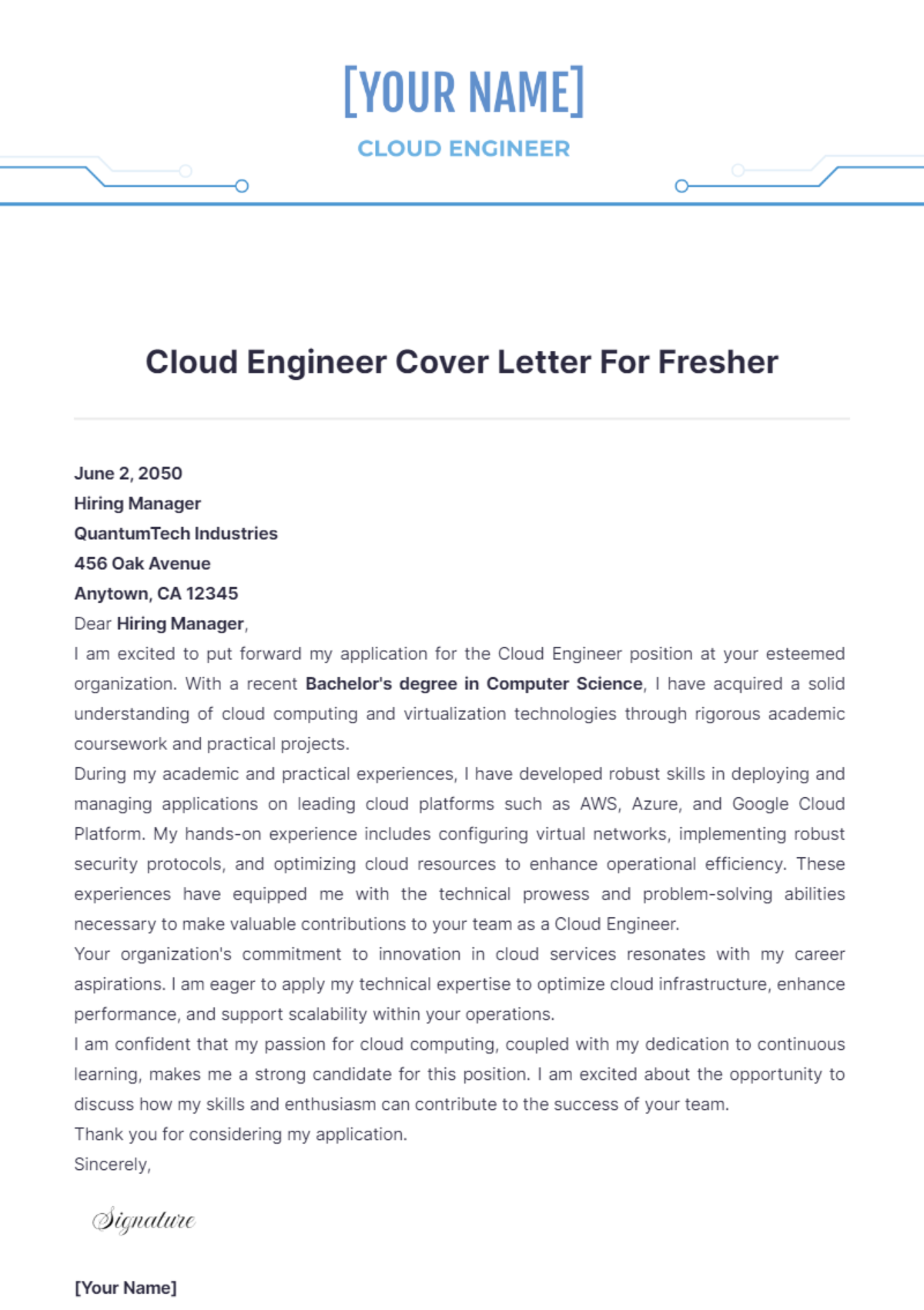 Cloud Engineer Cover Letter For Fresher - Edit Online & Download