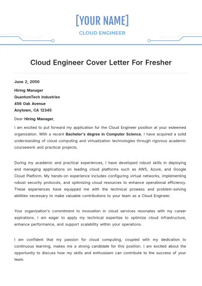 Free Cloud Engineer Cover Letter For Fresher to Edit Online