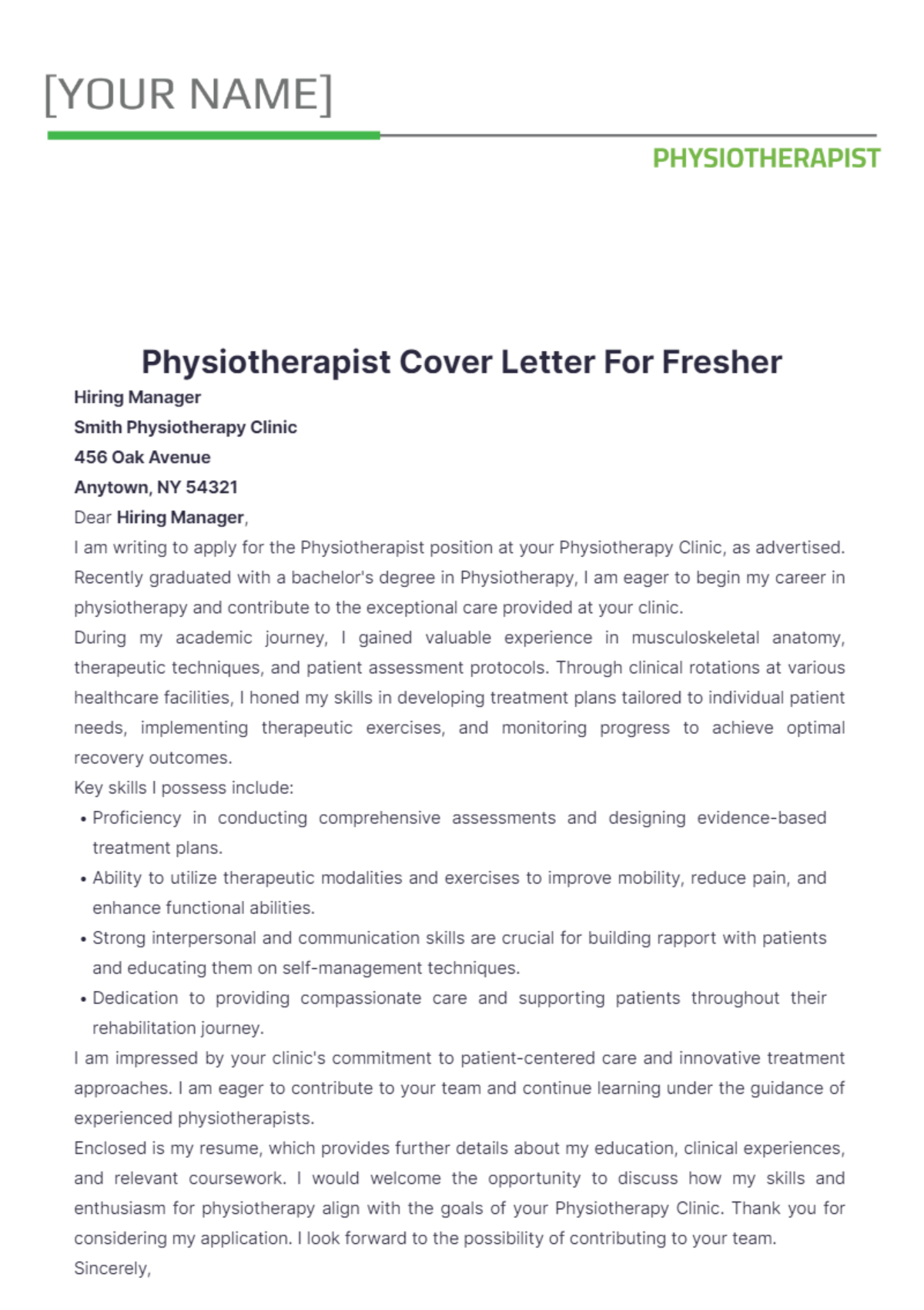 Physiotherapist Cover Letter For Fresher - Edit Online & Download