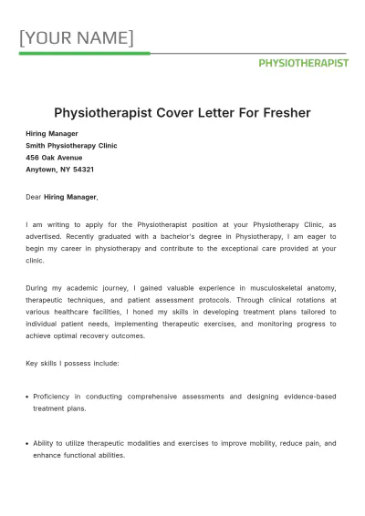 Free Physiotherapist Cover Letter For Fresher to Edit Online