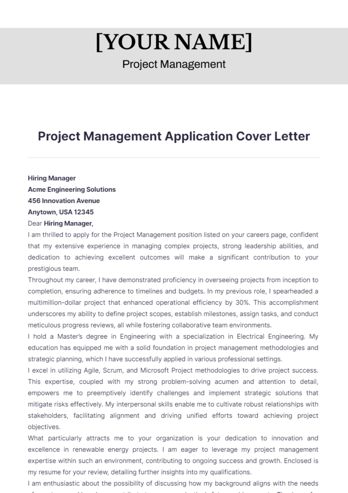 Project Management Application Cover Letter - Edit Online & Download