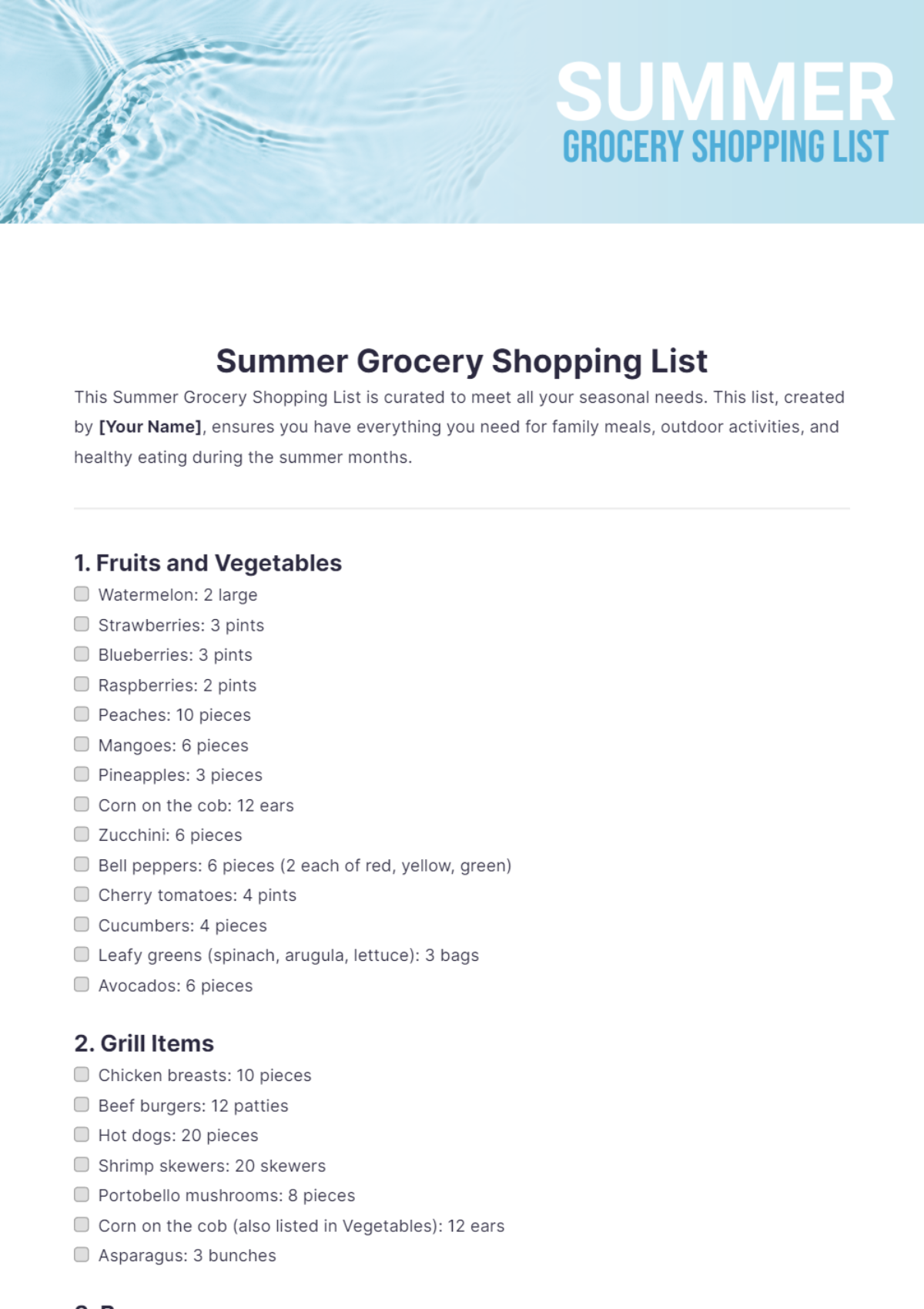 Summer Grocery Shopping List Template - Edit Online & Download