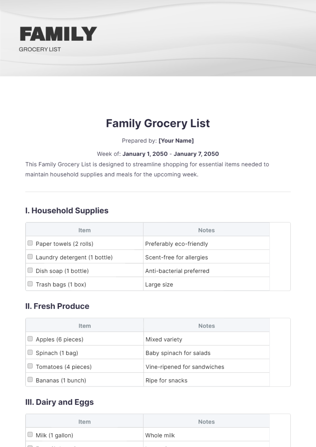 Family Grocery List Template - Edit Online & Download