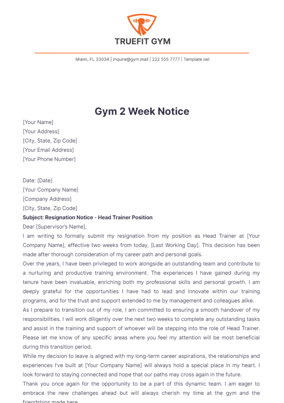 Gym 2 Week Notice Template - Edit Online & Download