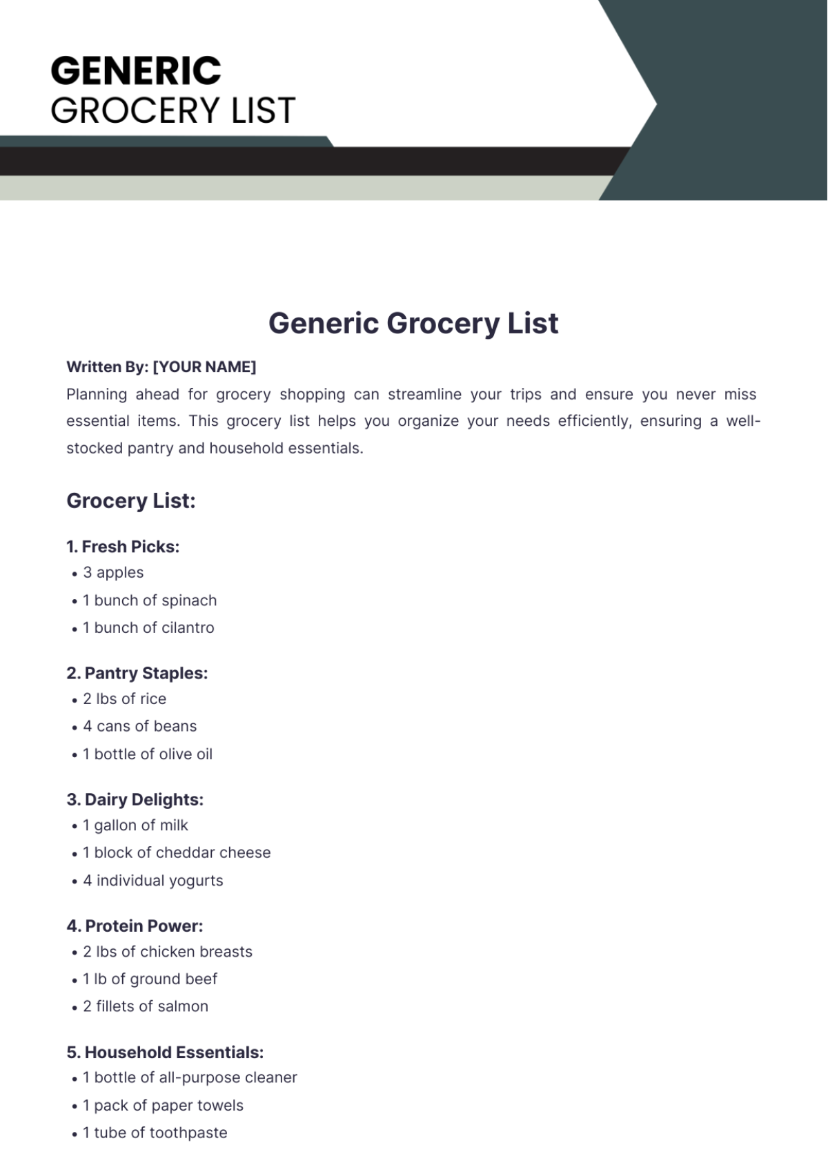 Generic Grocery List Template - Edit Online & Download