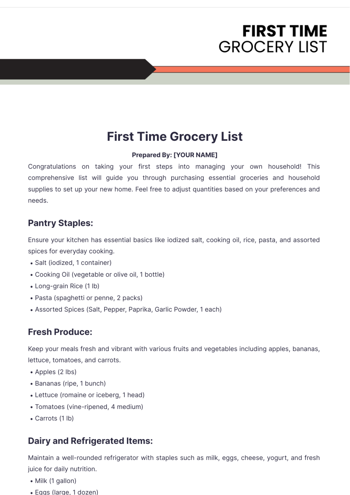 First Time Grocery List Template - Edit Online & Download