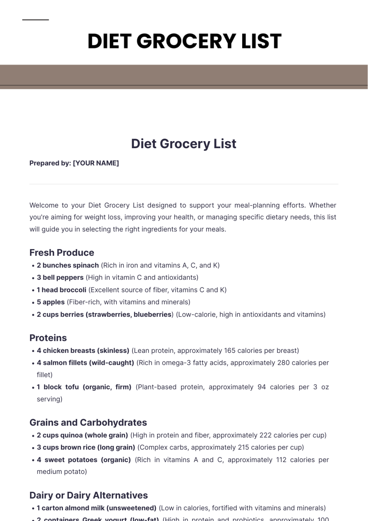 Diet Grocery List Template - Edit Online & Download