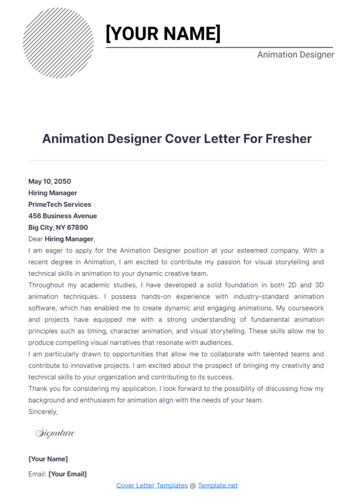 Animation Designer Cover Letter For Fresher - Edit Online & Download