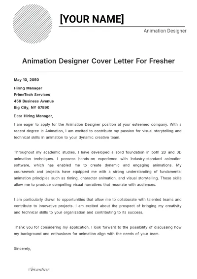 Free Animation Designer Cover Letter For Fresher to Edit Online