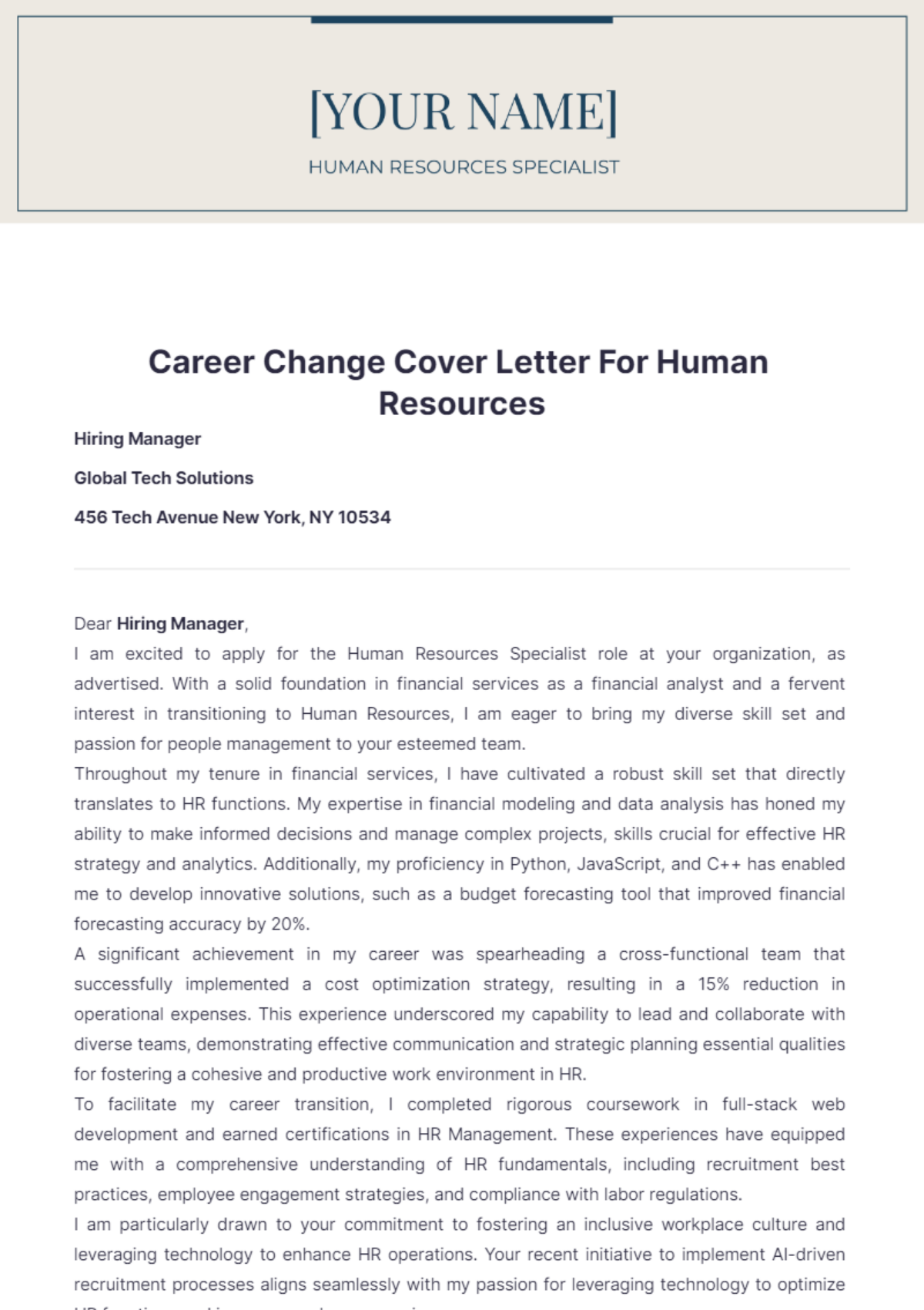 Career Change Cover Letter For Human Resources - Edit Online & Download