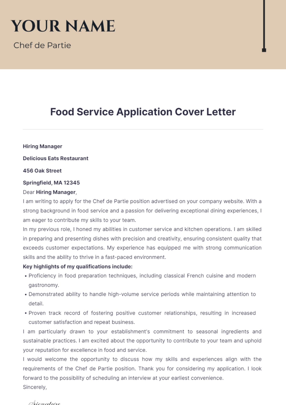 Food Service Application Cover Letter - Edit Online & Download