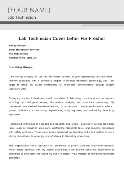 Free Lab Technician Cover Letter For Fresher to Edit Online