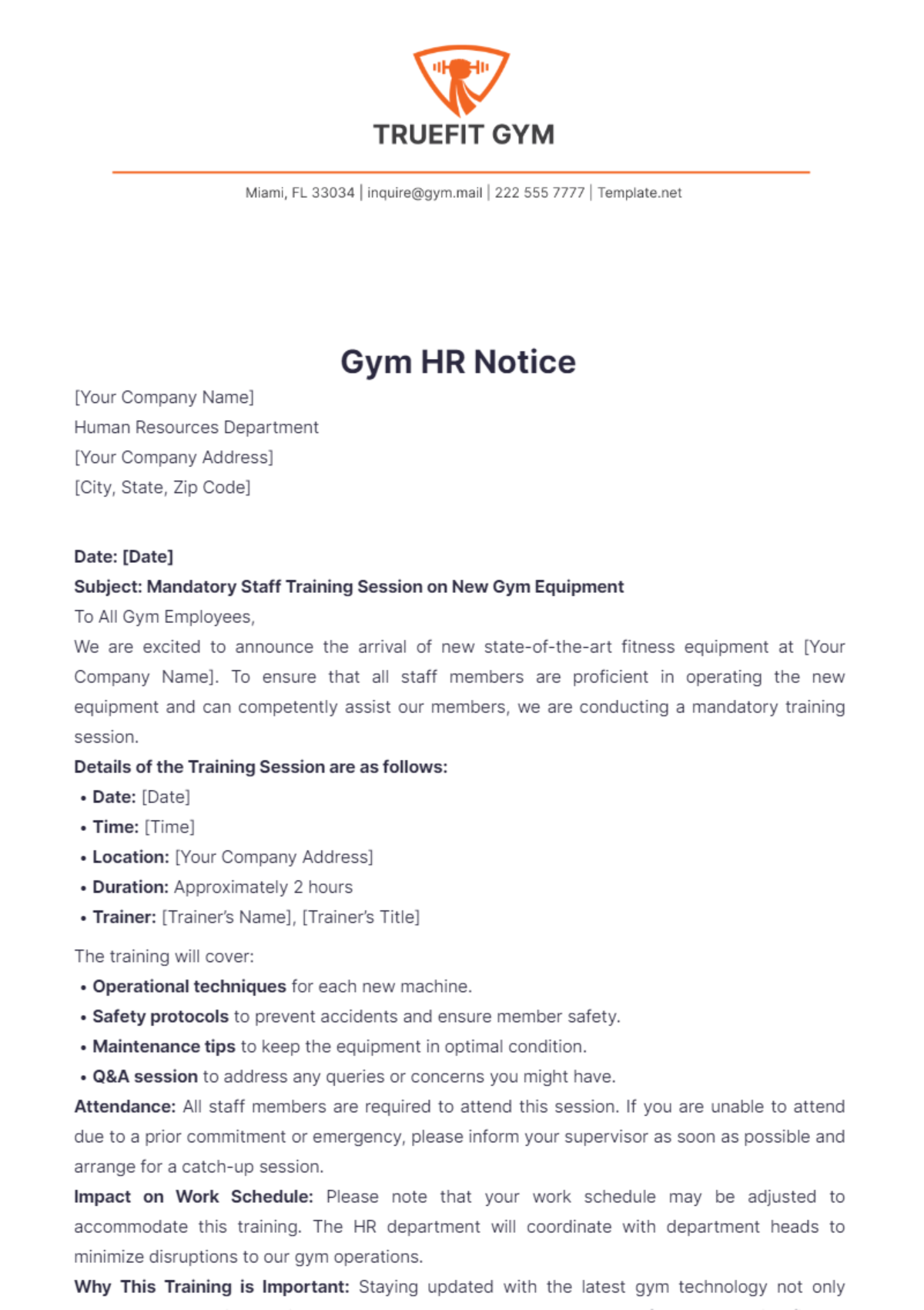 Gym HR Notice Template - Edit Online & Download